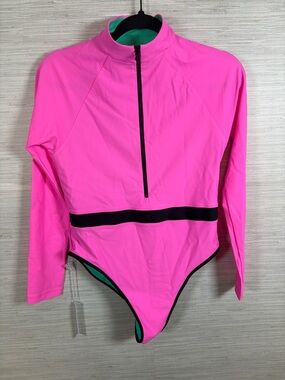 Jolyn Clothing Neon Pink Long Sleeve One-Piece Swimsuit with Black Trim